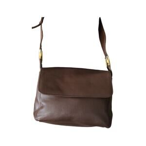 Vintage 90s Y2K Coletta Brown Leather Flapover Crossbody Messenger Bag Gold